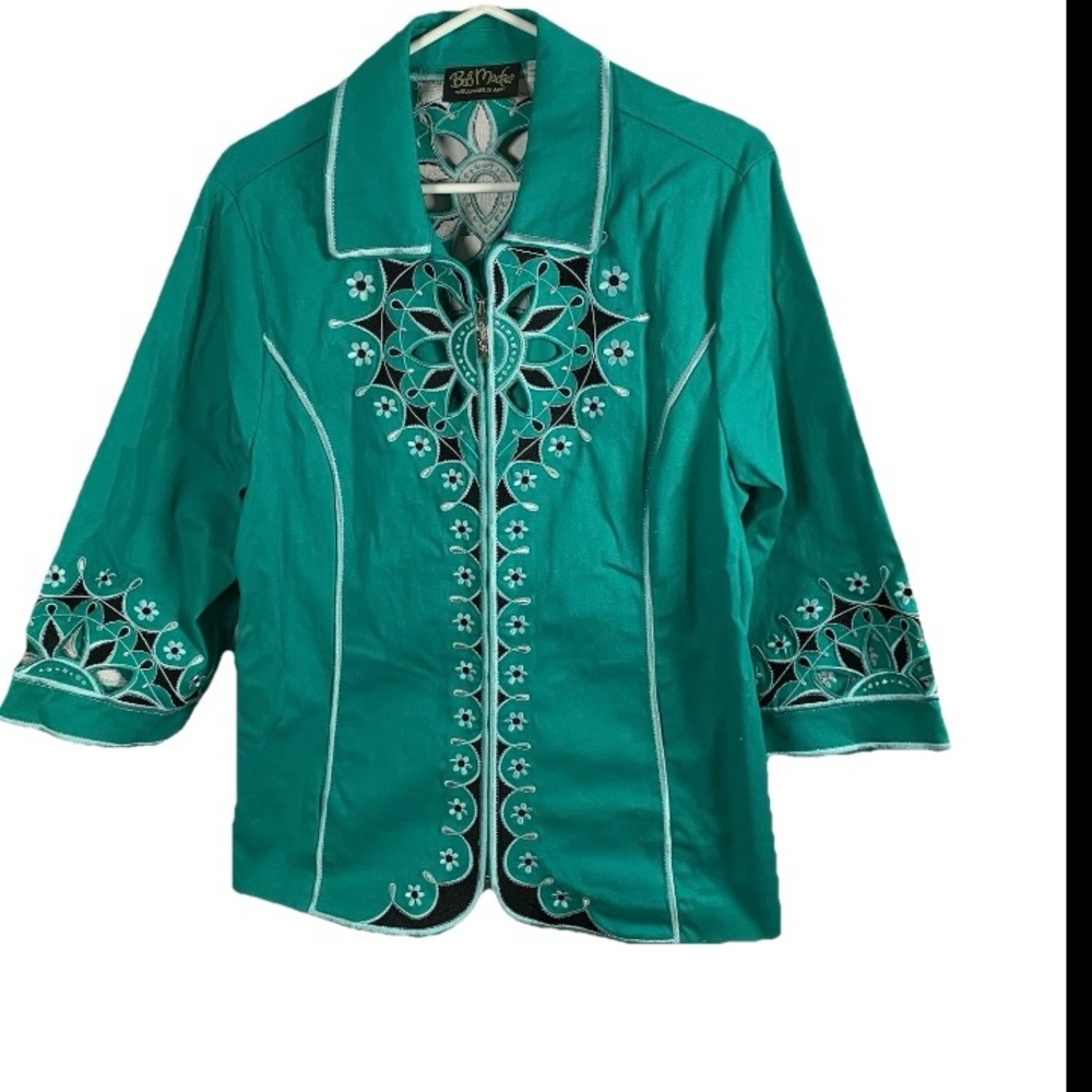 NWOT Bob Mackie Wearable Art Jacket Sz L Green Zip Front Embroidered‎ Cutouts
